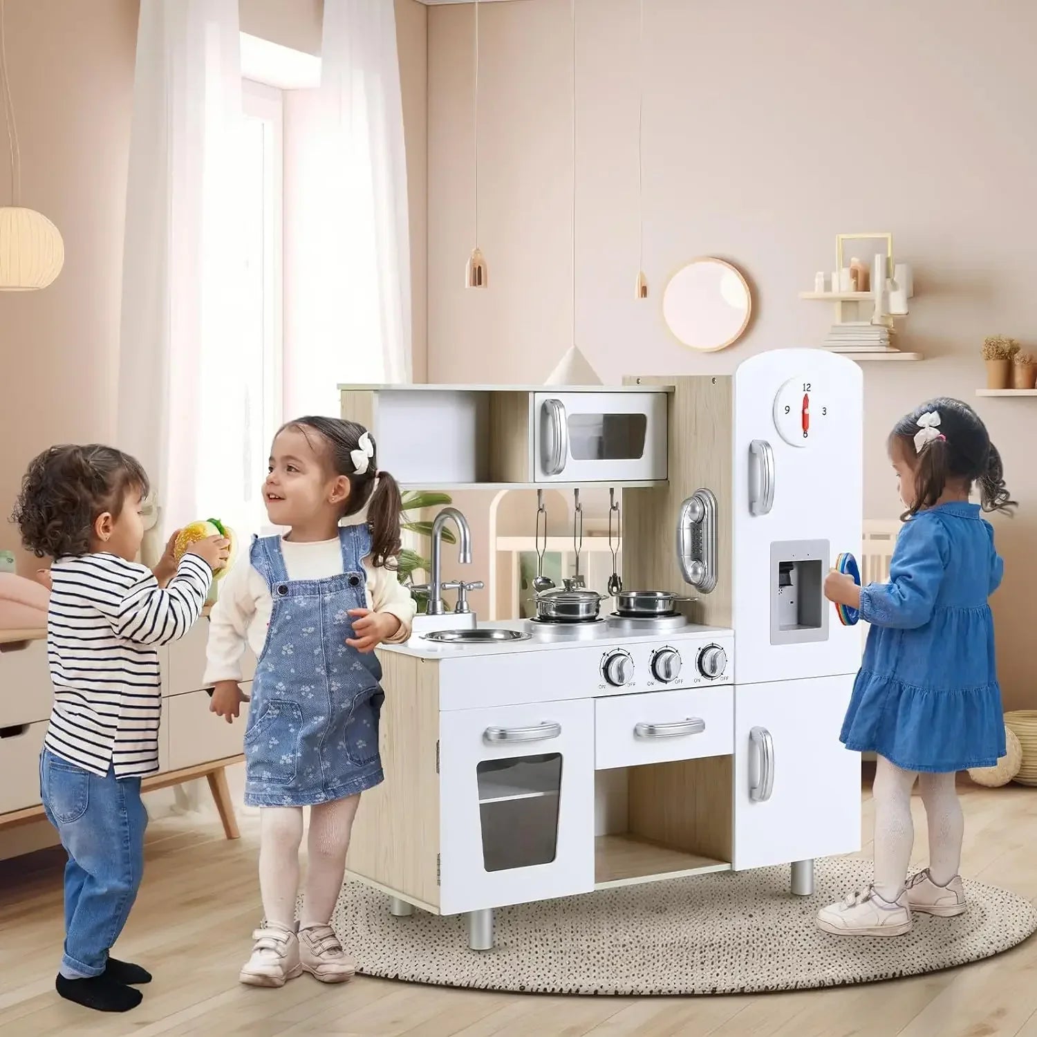 Wooden Play Kitchen Set Pretend Play Kitchen with Lights and Sounds for Kids Ages 3+, Includes Stove Oven Microwave Coffee Maker