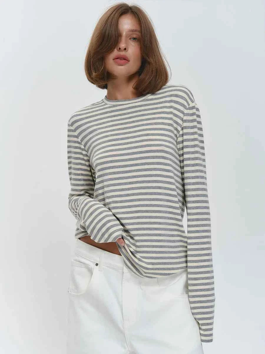 Bornladies Autumn New Fashion Women Cotton Striped Long Sleeve T Shirt Office Casual Simple Round Neck Pullover Tops & Tees