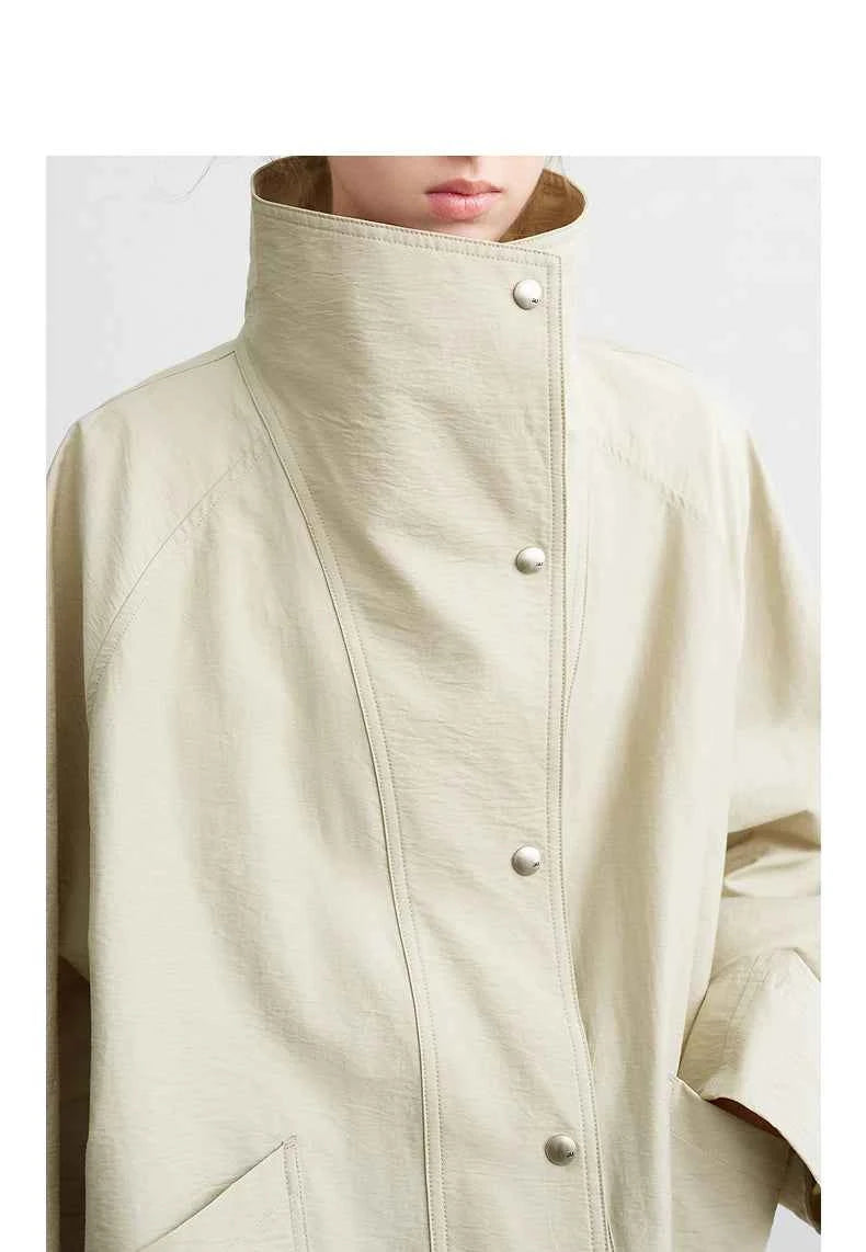 TOYOUTH Women's 2026 Spring New Loose Stand-Collar Utility-Style Lightweight Jacket Coat with Slub Wrinkle Texture