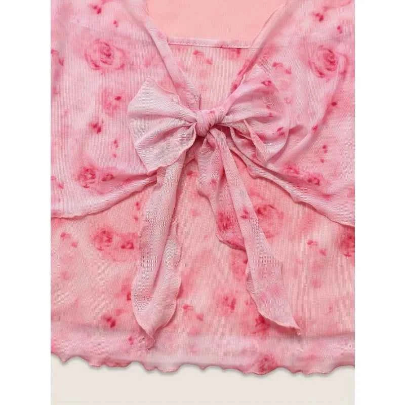 Women's T-Shirt Floral Printed Sweet V-Neck Mesh Summer Vacation Swimsuit Top Flare Long Sleeve Bow Tie Lace Up Woman Clothing