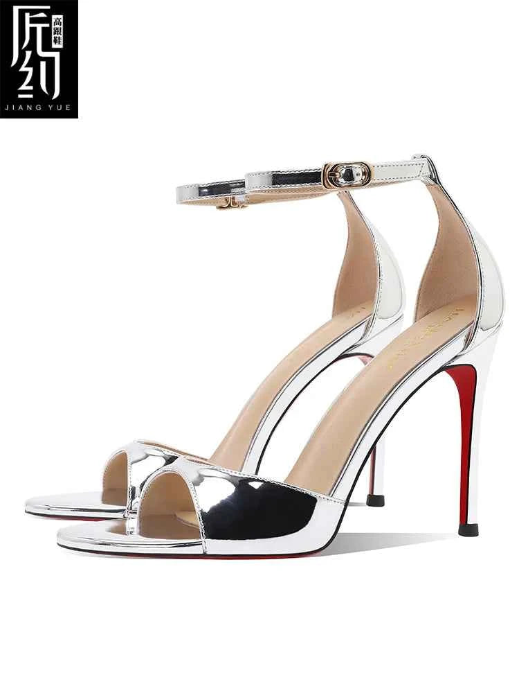 2025 Summer New Silver High Heels Women's Fine Heels Beautiful Princess Style One Button Sandals with Skirts