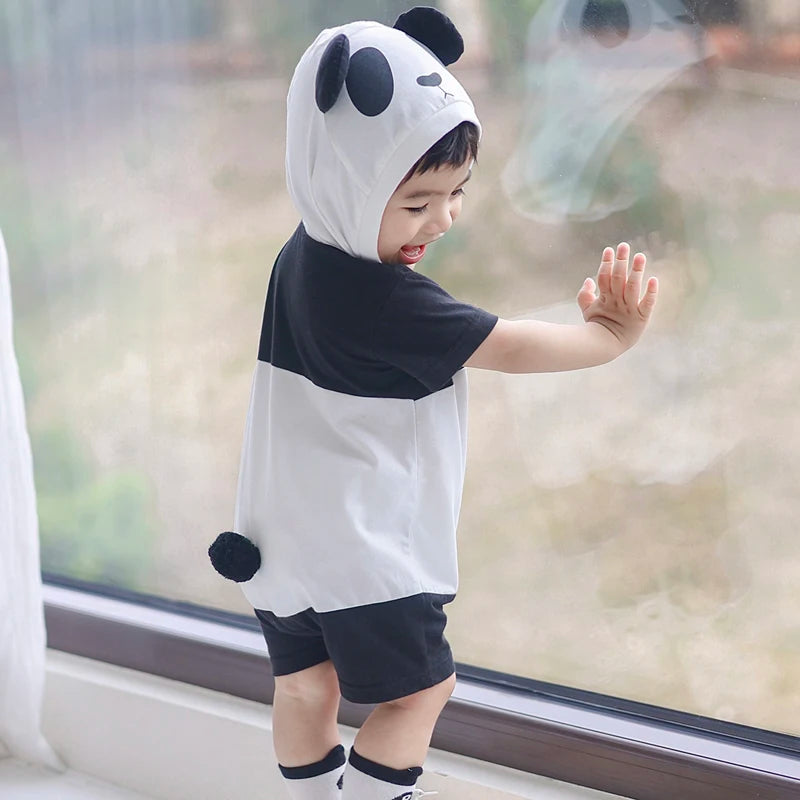 2024-04-11 Lioraitiin Summer Baby Boys Girls Panda Costume Short Sleeve Romper Cute Hooded Jumpsuit Cosplay Outfit