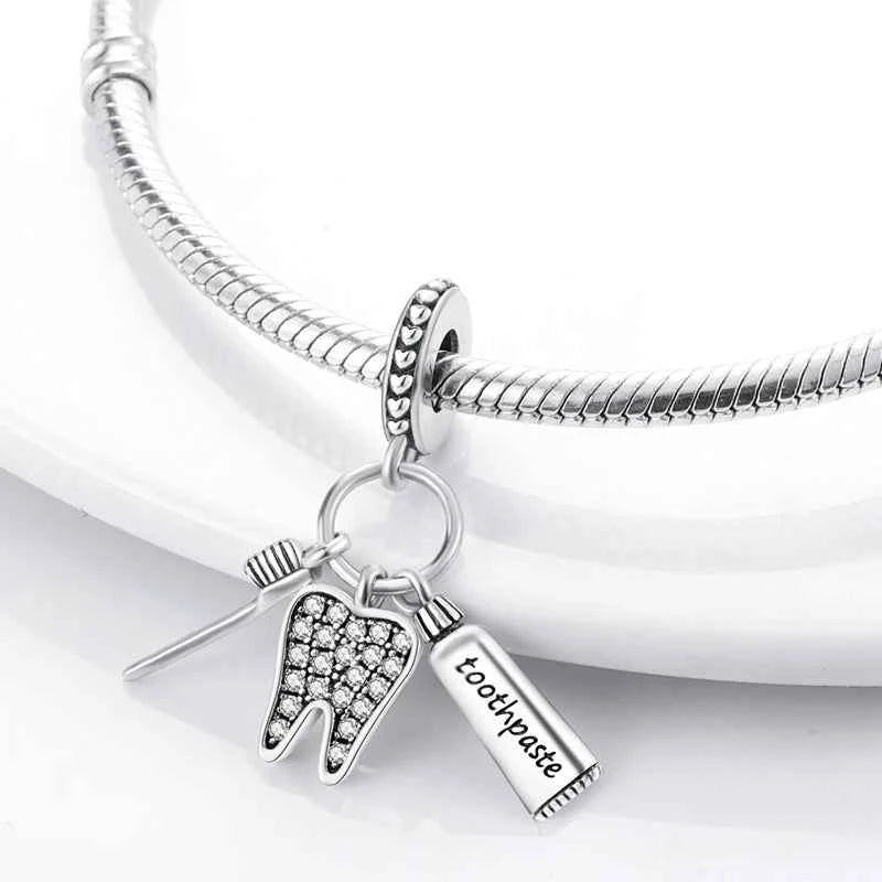 Original 925 Sterling Silver Charms Bead Toothbrush Pendant Tooth Bead Fit Original Bracelet For Women DIY Jewelry Gift