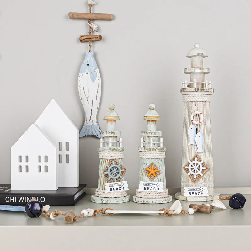 Mediterranean Style Home Decoration Figurines Desktop Ornaments Ocean Wooden Lighthouse Model Wood Ship Crafts Wall Decor Plaque
