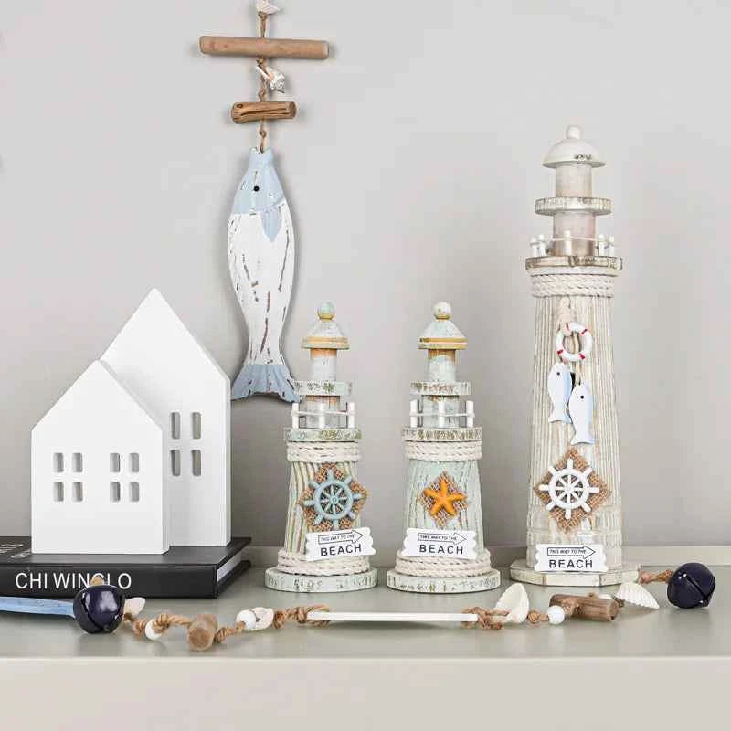 Mediterranean Style Home Decoration Figurines Desktop Ornaments Ocean Wooden Lighthouse Model Wood Ship Crafts Wall Decor Plaque
