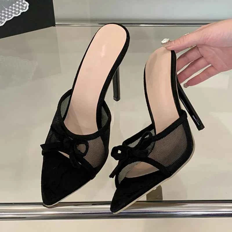 Liyke Street Fashion Bowknot Mesh Women Slippers Sandals Sexy Pointed Open Toe Black High Heels Mules Slides Party Banquet Shoes