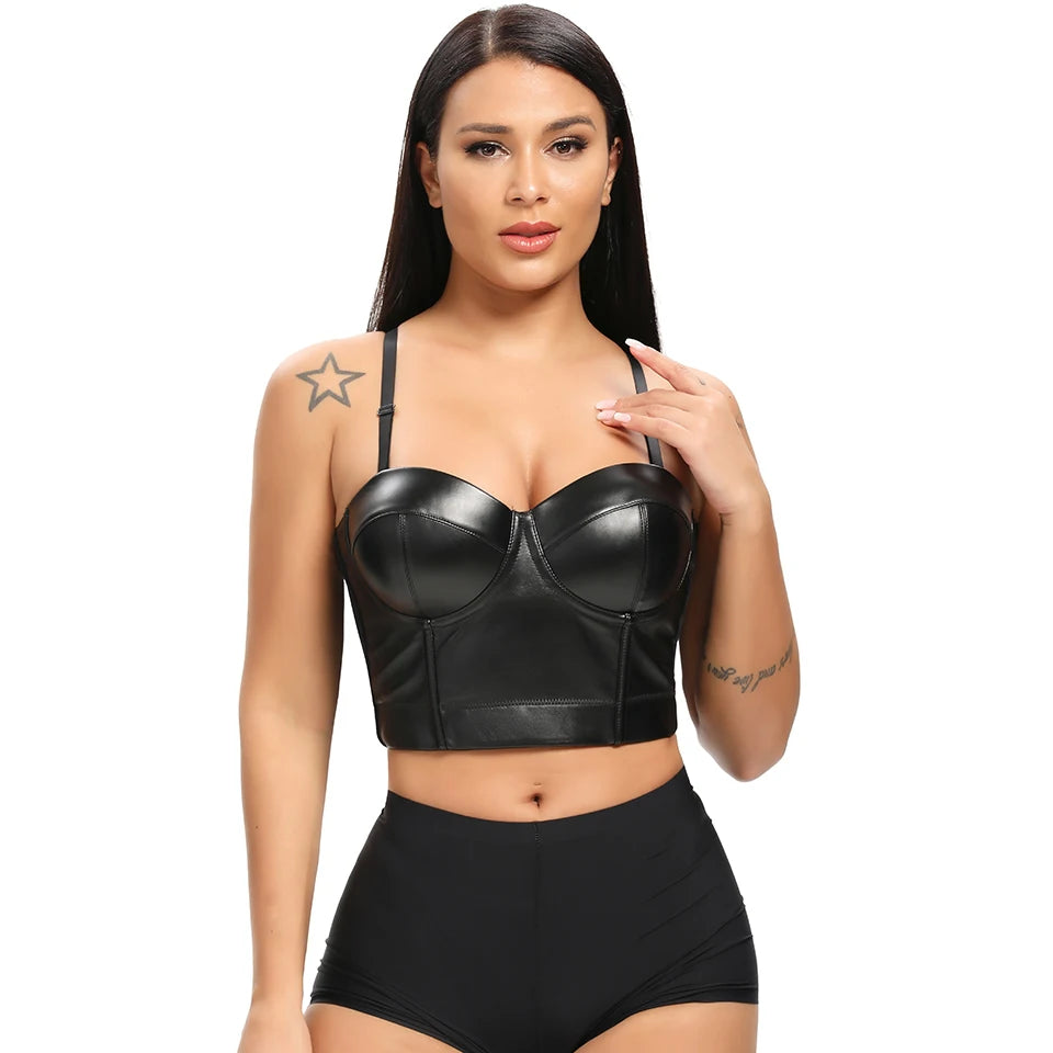 Aonve Women Summer Sexy Top PU Leather Festival Clothing Tops Bralette Cropped Top Female Punk Goth Clubwear Black Red Plus Size