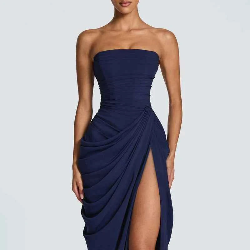 Women Sexy Solid Pleated Strapless Dress Lady Chic Off-shoulder Backless High Waist Split Dresses  Evening Party Gown 2026 New