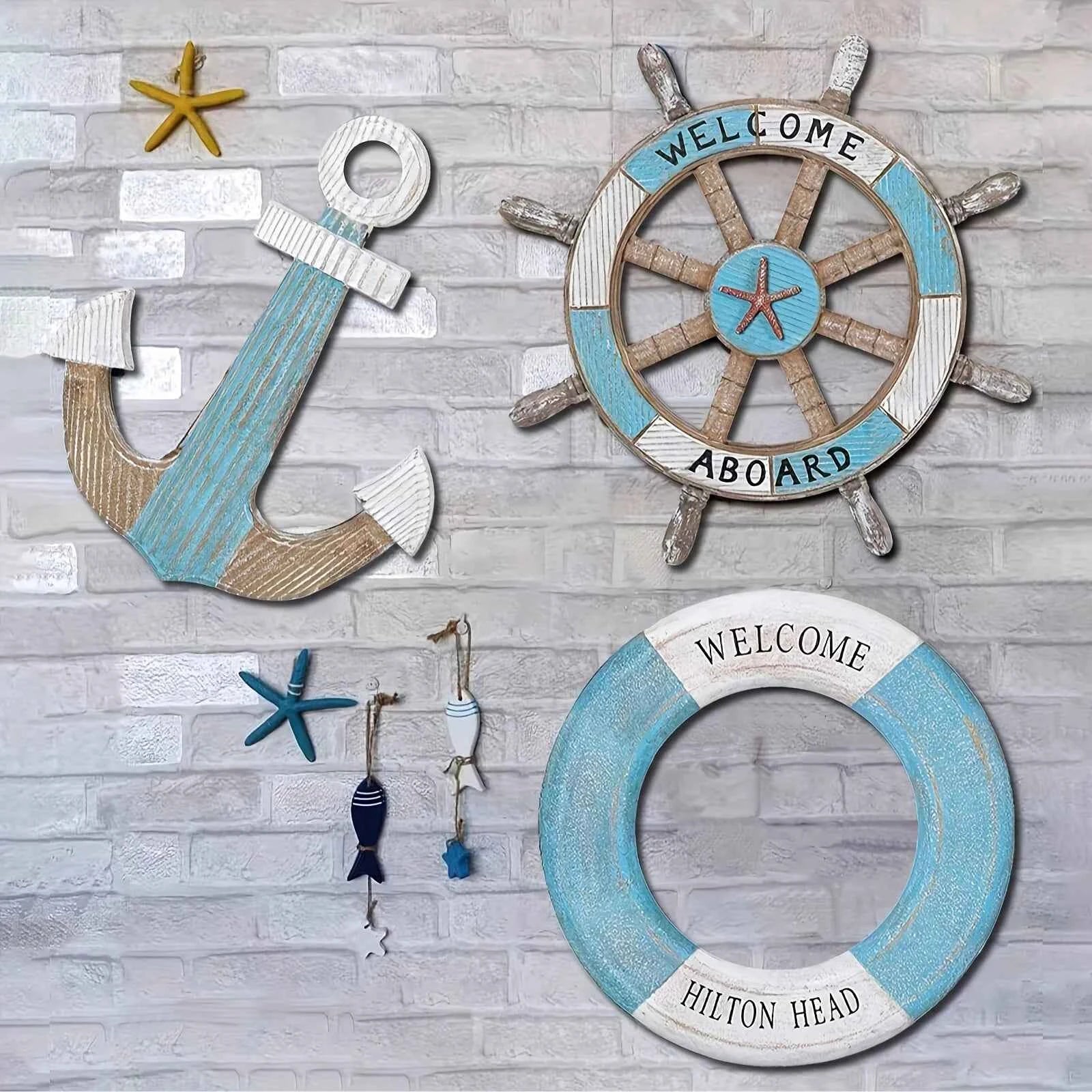 1 Set of Nautical-Themed Home Decor Wooden Anchors, Helms, and Lifebuoys Ocean-Themed Wall Hanging Decorations Indoor Nautical Decor Can Be Used for Wall Decoration at Outdoor Parties and Yard Gatherings