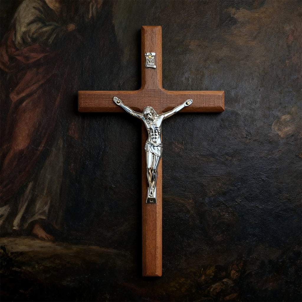 7.8 Inch Wooden Wall Cross Decor Hand Carved Catholic Home Decoration for Table or Wall Hanging Gift for Baptism Birthday