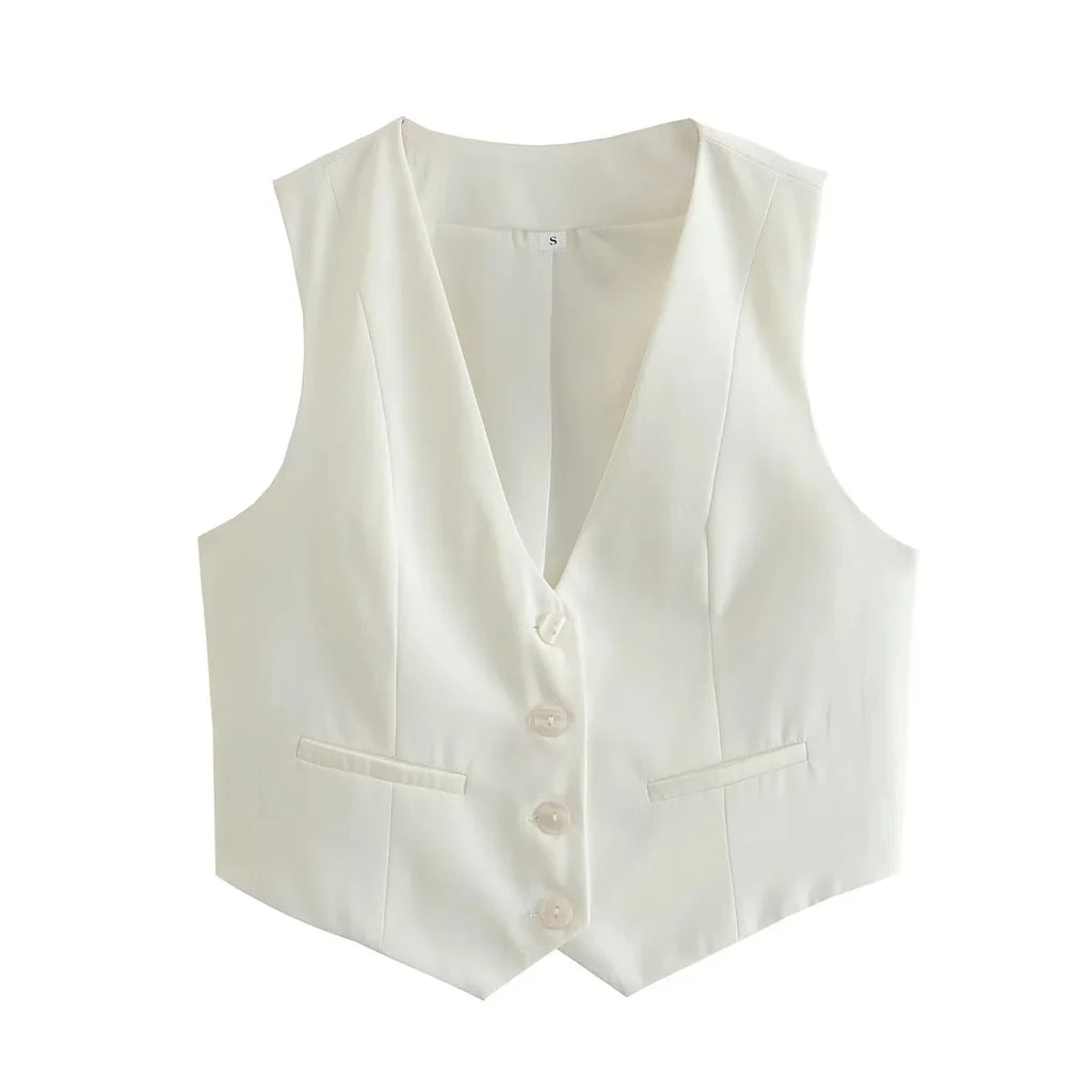 HXAO Fashion Sleeveless Vests For Women Button Up White Crop Top Office Casual Waistcoat Jacket Woman Summer Suit Black Vest Top