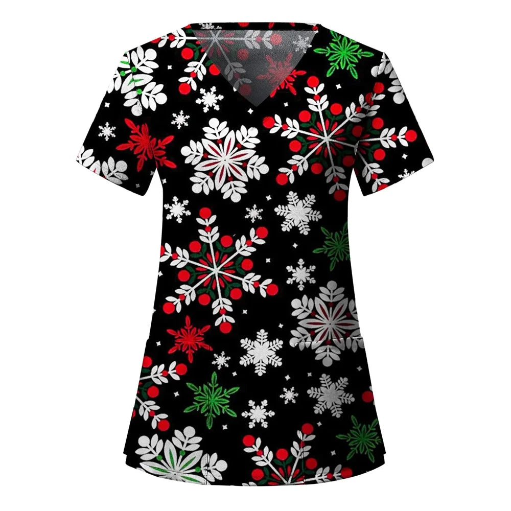 Womens Christmas Nurse T Shirt Print Short Sleeve V Neck Workwear With Pocket Working Nurse Work Wear Overalls Medical Uniforms