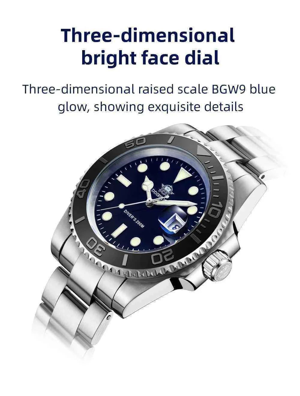 ADDIESDIVE New Luxury Men's Watch Stainless Steel BGW9 Super Luminous Quartz Men's Watch Diver 200m Men Analog Watches MY-H3C
