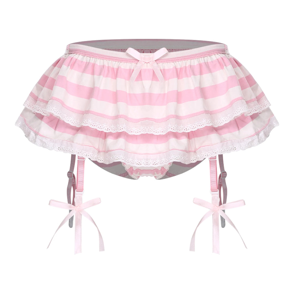 Women Anime-style Built-in Briefs Miniskirt with Garters Belt Culottes Cute Tiered Striped Hem with Lace Trim Bow Shorts Skirt