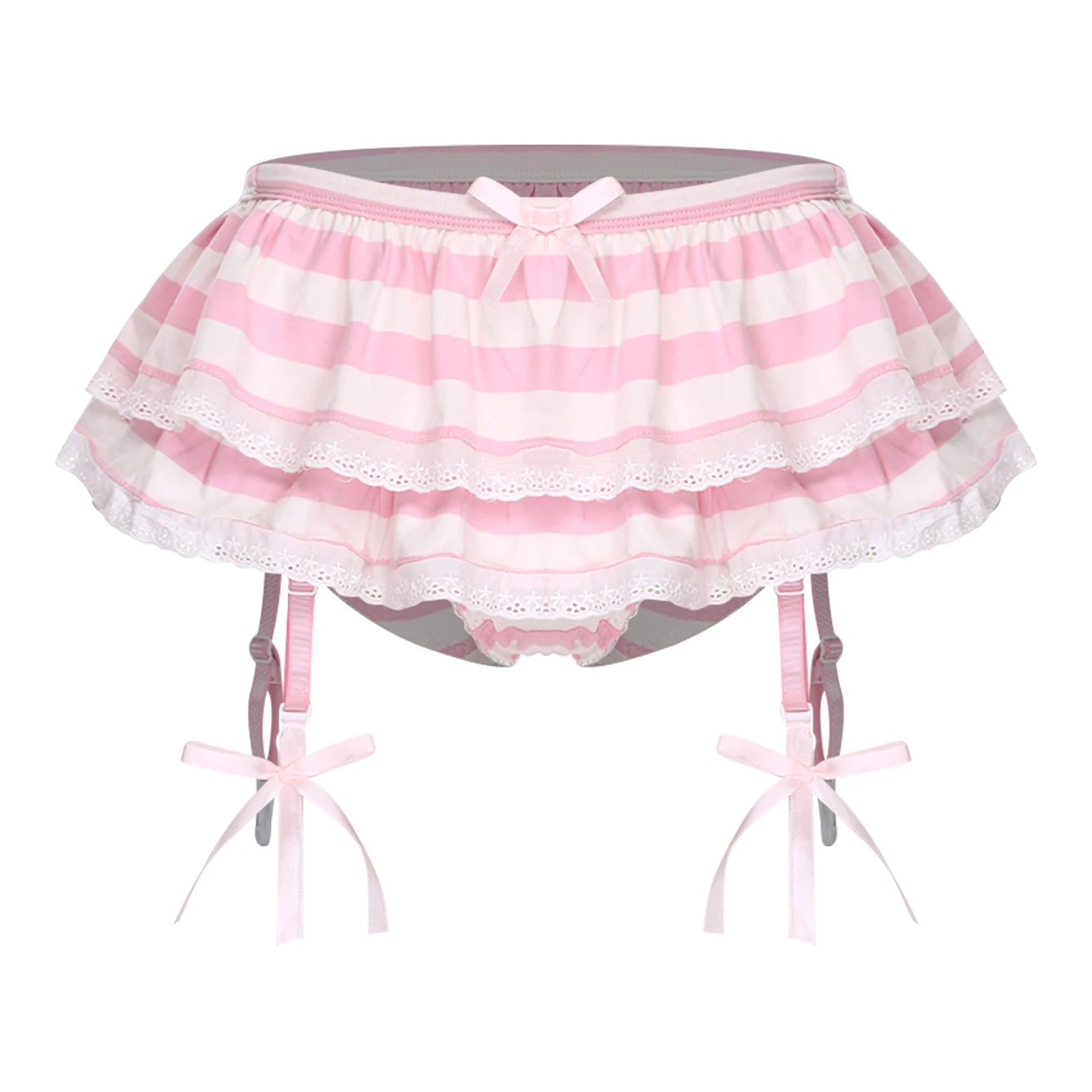 Women Anime-style Built-in Briefs Miniskirt with Garters Belt Culottes Cute Tiered Striped Hem with Lace Trim Bow Shorts Skirt