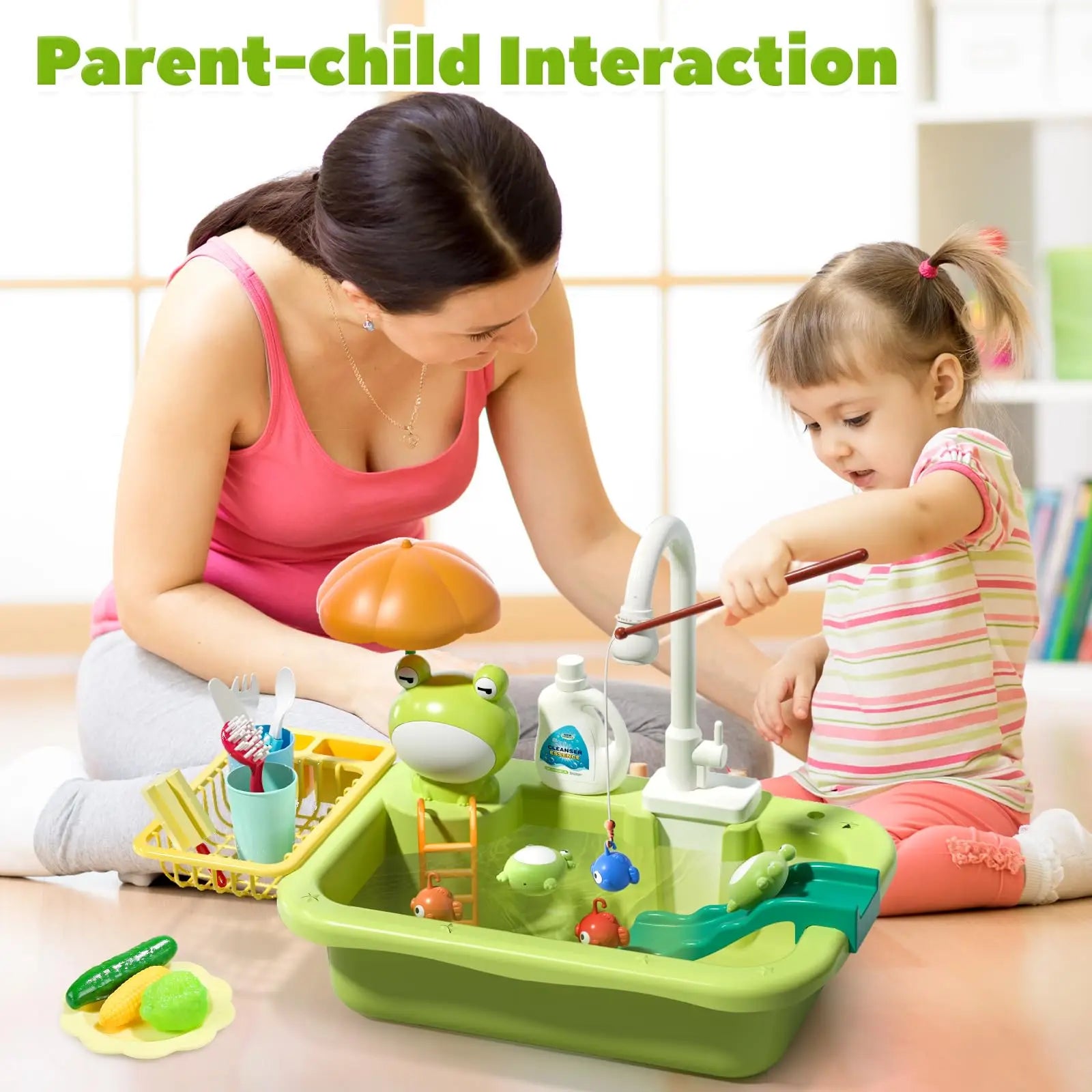 Kids Electric Kitchen Sink Toys with Running Water, Pretend Play Dishwasher & Fishing Toys, Educational Role Play Gift for Girls