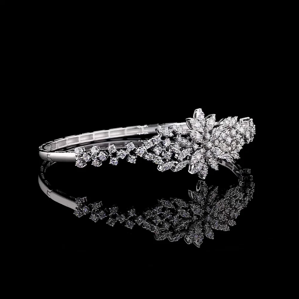 White 18K Gold Floral Bracelet with Brilliant Cut Lab Grown Diamonds Rhodium Plated Luxury Design Trendy Elegant Flower Style