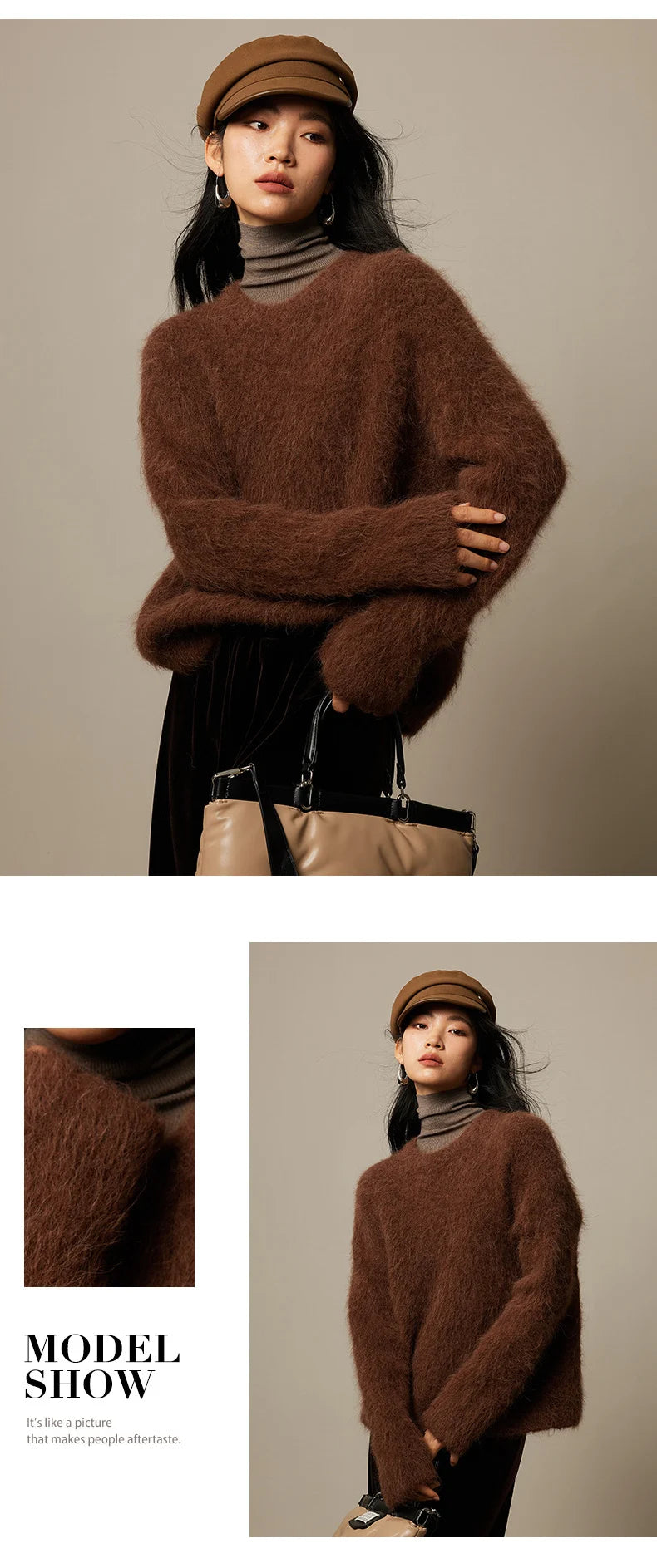 SuyaDream Warm Alpaca Pullovers for Woman, Dropped Sleeved Loose Sweaters, 2025 Fall Winter Top, Camel, Beige