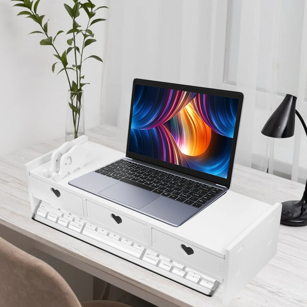Keyboard Storage Rack Monitor Riser with Drawers PVC Wood Composite Desk Organizer Office Computer Screen Height Adjustable