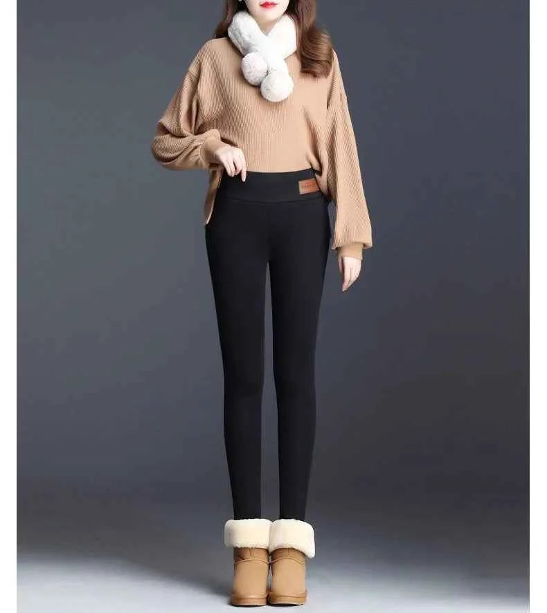Women Thermal Leggings Winter Warm Sexy Elastic Translucent Pantyhose Female Fleece High Waist Slim Thicken Tight Pants Black