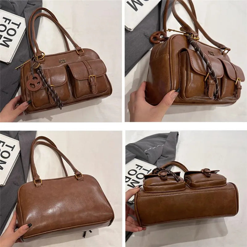 Women Multi Pocket Shoulder Tote Bag with Golden-Tone Hardware & Letter, Stylish Handbag Purse for Travel, Work, Shopping, Dates