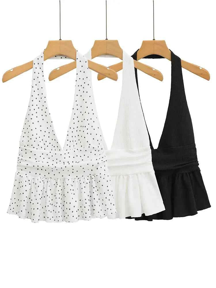 HH Women Vintage Solid Halter Vest Hem Ruffled Lady Sexy Backless Sleeveless V Neck Tops Summer Thin Casual Holiday Chic Top