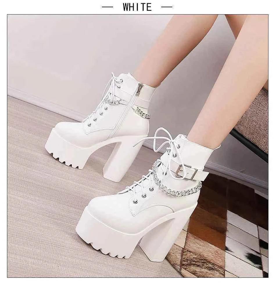 Gdgydh Gothic Buckle Strap Ankle Boots Women Faux Leather Platform Block Chunky Heels Chain Ultra High Heels Motorcycle Boots