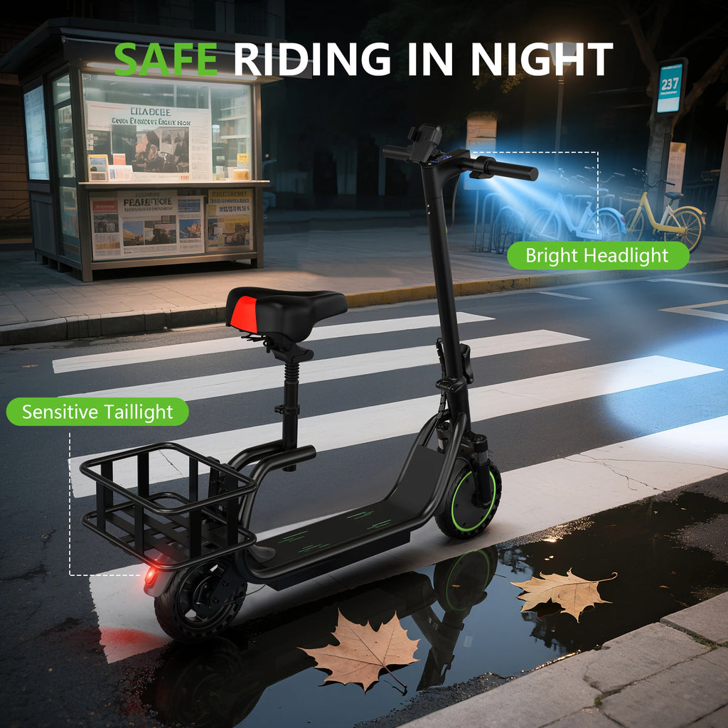 MAXSHOT 8.5'' Electric Scooter with Seat & Basket 15miles Max Range 19MPH Max Speed Foldable Adult E-scooter LED Lights 265lbs Max Load