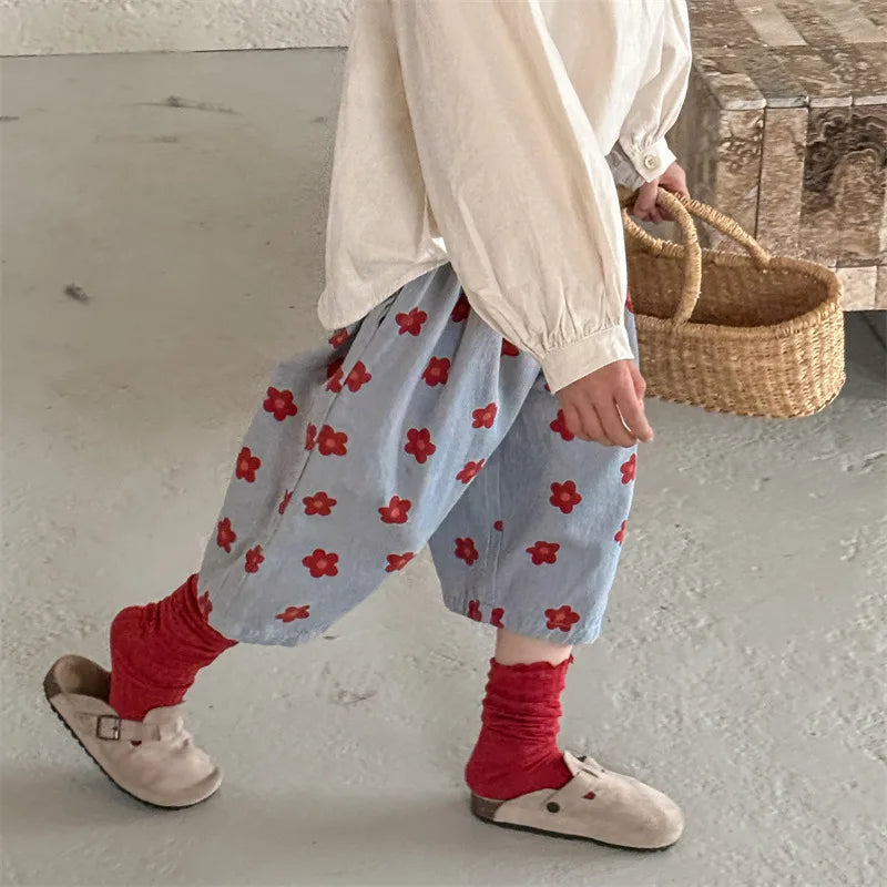 2026 Spring New Children Casual Pants Fashion Flower Print Girls Harem Pants Cotton Kids Loose Trousers Boys Cute Baby Clothes