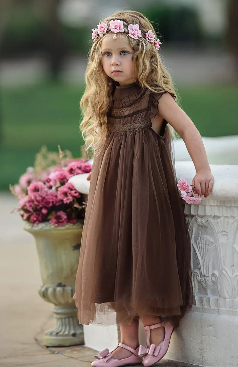 Bohemia Summer Dress For Girls Tulle Lace Sleeveless Princess Flower Girls Wedding Birthday Ball Gown Party Dresses Clothes