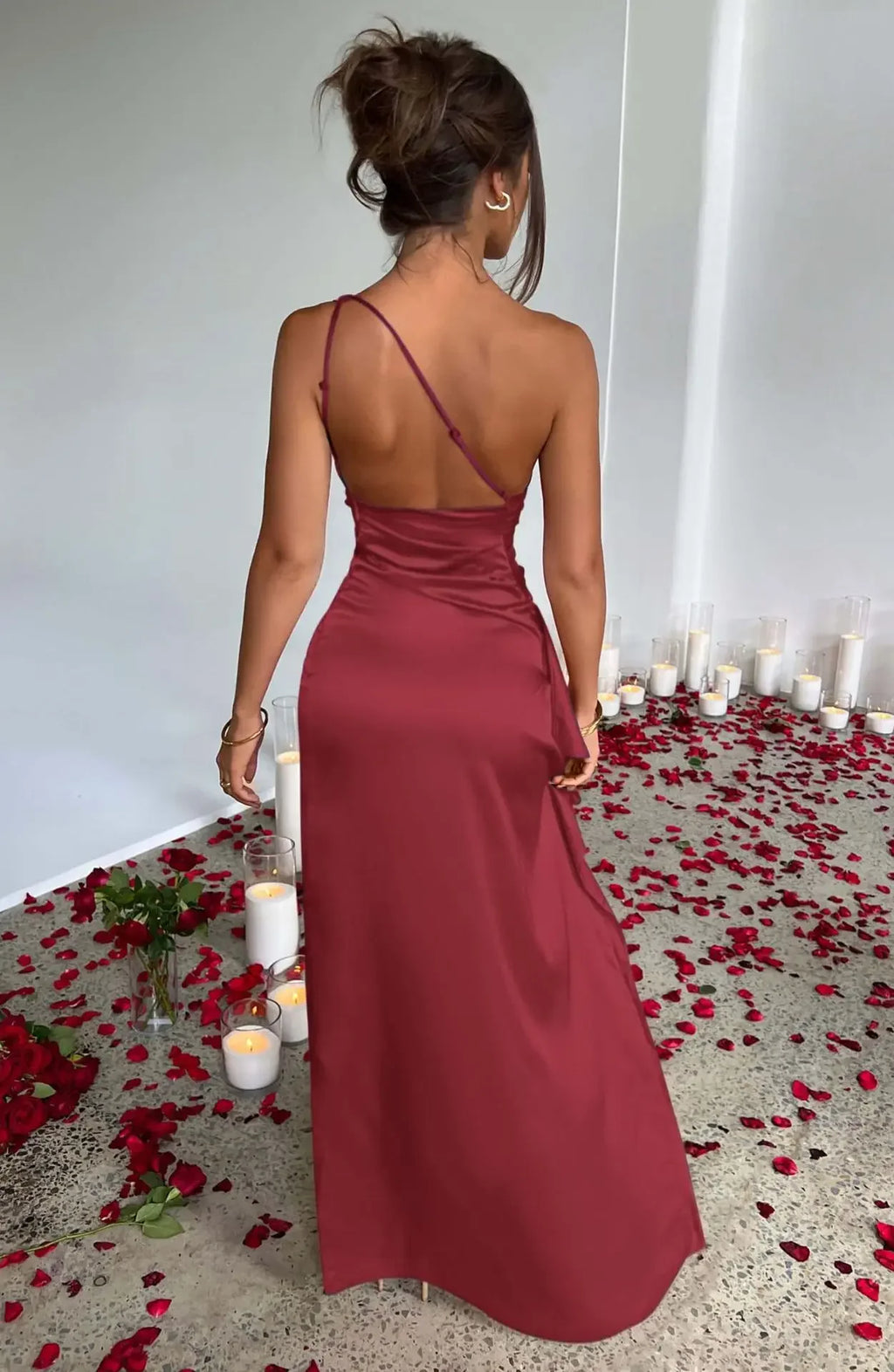 2025 Summer Women's Sexy One Shoulder Dress Satin High Split Cocktail Fit Wedding Party Maxi Formal Sleeveless Backless Dresses