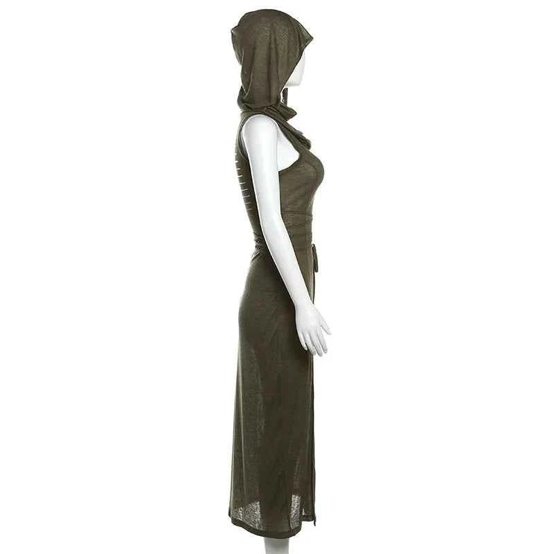 Summer 2023 Sexy European And American Style Sleeveless Hooded Dress Long Split Hollow out Pure Color Women's Gown