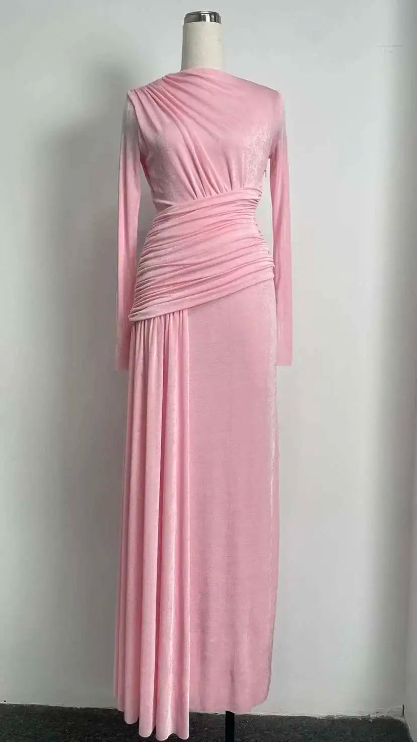 QMQA Fashion Women's Asymmetric Pleated Elegant Dress Solid Color Long Sleeve High Waist Slimming Party Dresses 2025 New QM519