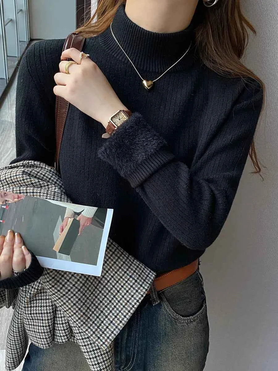 Sweater For Women Winter Thicken Turtleneck Slim Knit Pullover New Warm Plush Velvet Lined Knitwear Jumper Tops Casual Poleras