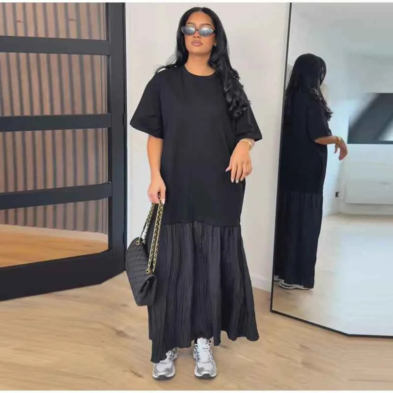 Elegant Women Patchwork Long Dress Short Sleeve O Neck Button A-Line Dresses Spring Summer Vintage Beach Vacation Casual Robes