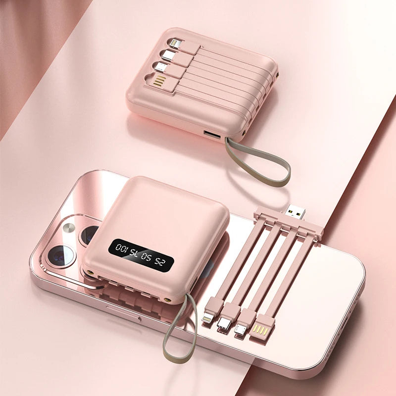PINK 1 Color Mini Power Bank 20000mAh – 4 Built-In Cables & Display