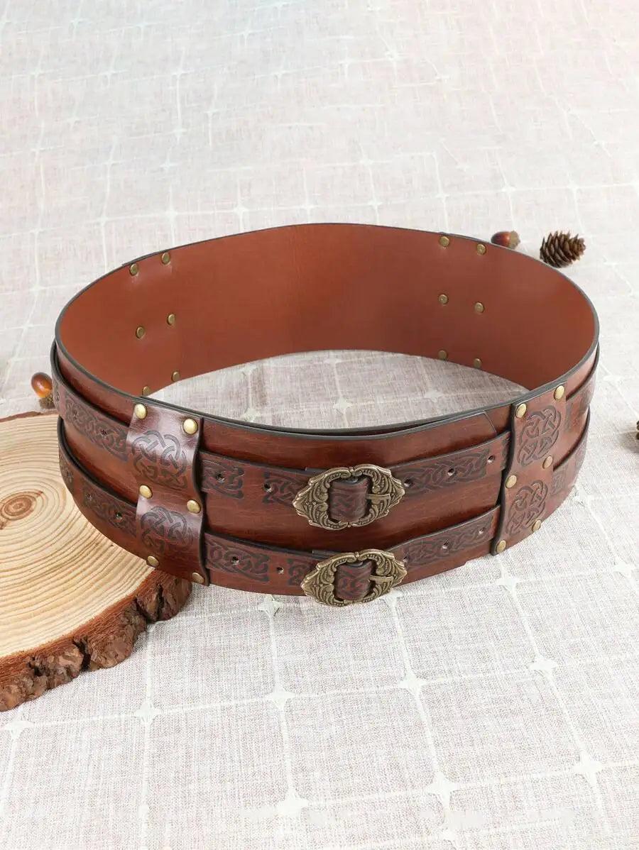 Renaissance Viking Embossed Wide Belt Medieval Faux Leather Armor Belt Medieval Wide Belt for Men PU Leather Costume Accessory