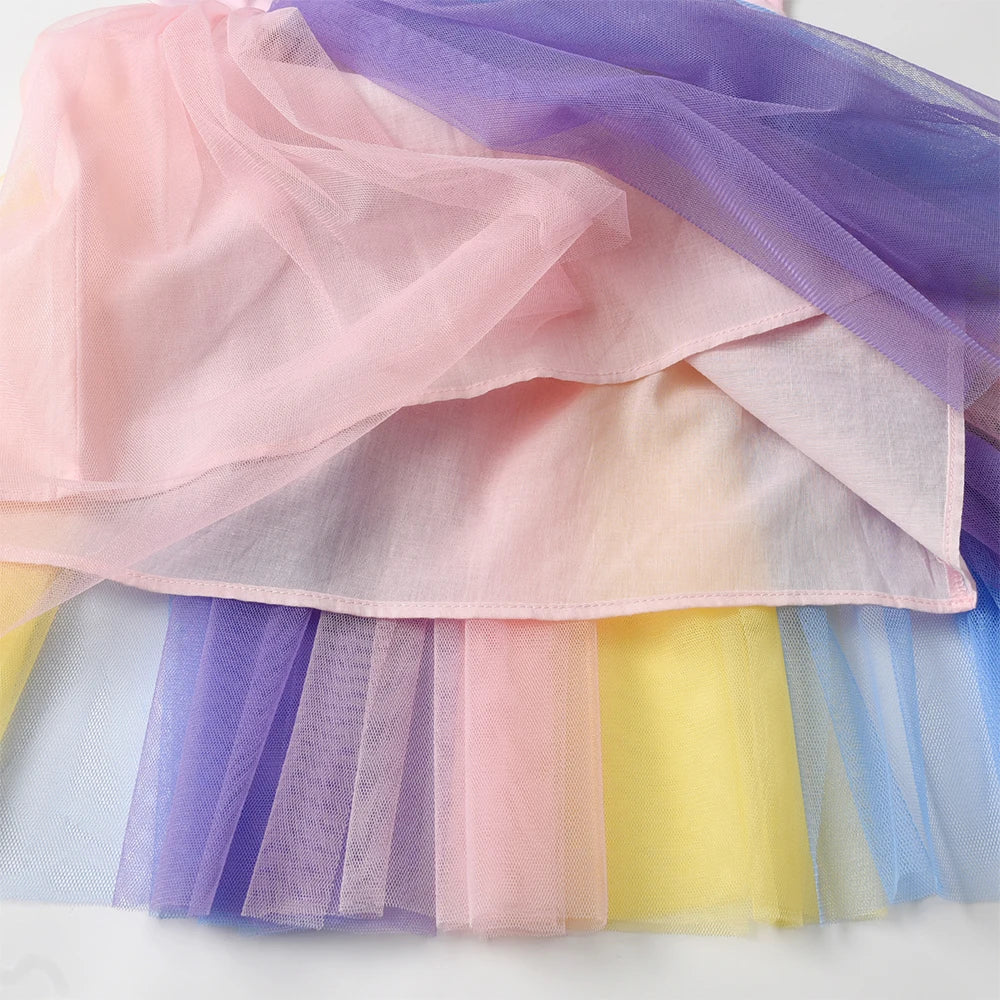 DXTON Ruffles Sleeveless Princess Dresses Mesh Elegant Kids Dress For Girls Butterfly Floral Summer Children Holiday Clothing