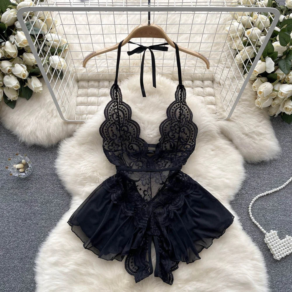 Summer Girls Sexy Hot Sweet Transparent Suspender Mini Dress Women Elastic Waist And Backless Strap Lolita Pajamas Bubble Skirt