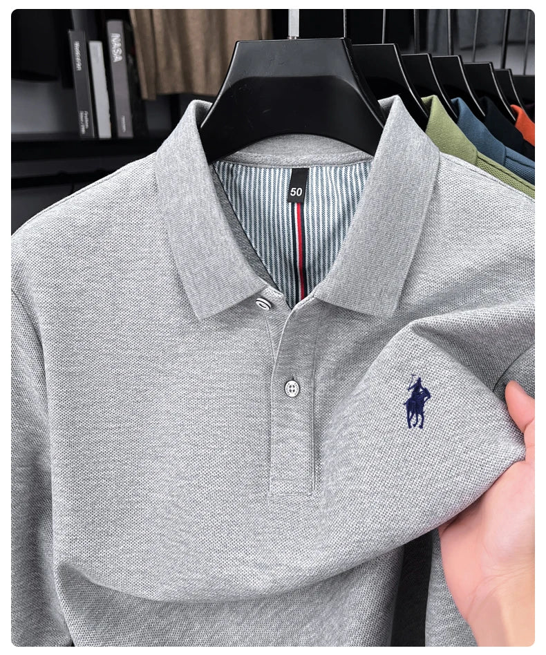 100% cotton high-end brand long sleeve polo shirt new Paul pony embroidery luxury comfort men's business leisure lapel T-shirt