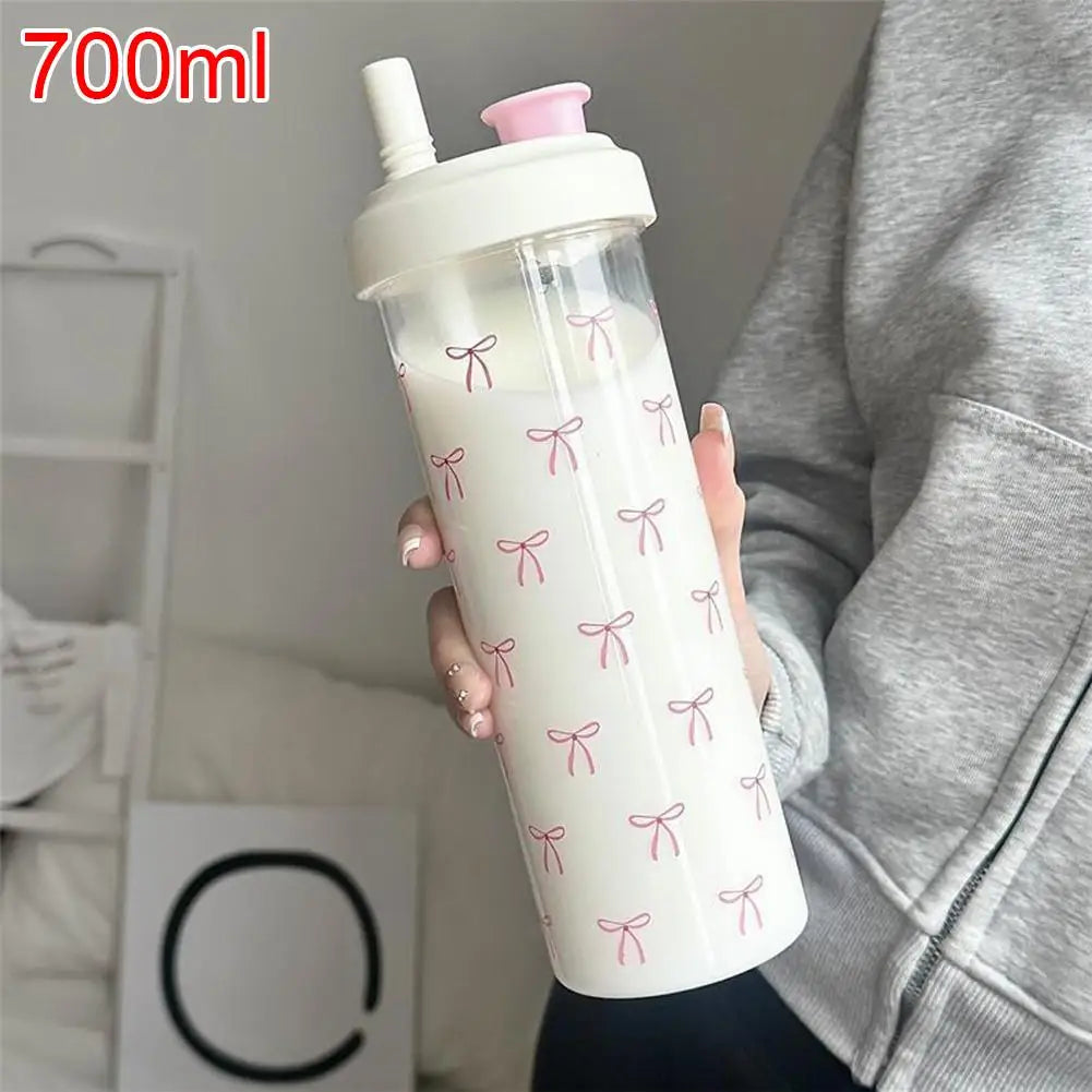 Cute Pink Bow Straw Water Bottle Fashionable Travel Safe Odorless Large-capacity Portable Water Bottle For Travel