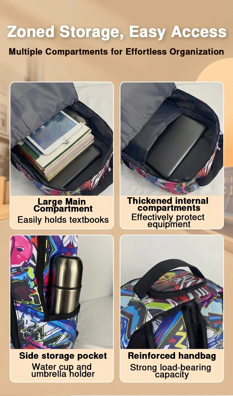A Hip-Hop Street-Style Backpack with Spray-Painted Ground Motifs for Men, a New Trendy Lightweight Printed Backpack with a Checkered Pattern, Also a Fashionable Outdoor Commuter Bag, Large-Capacity Travel Bag, Multifunctional