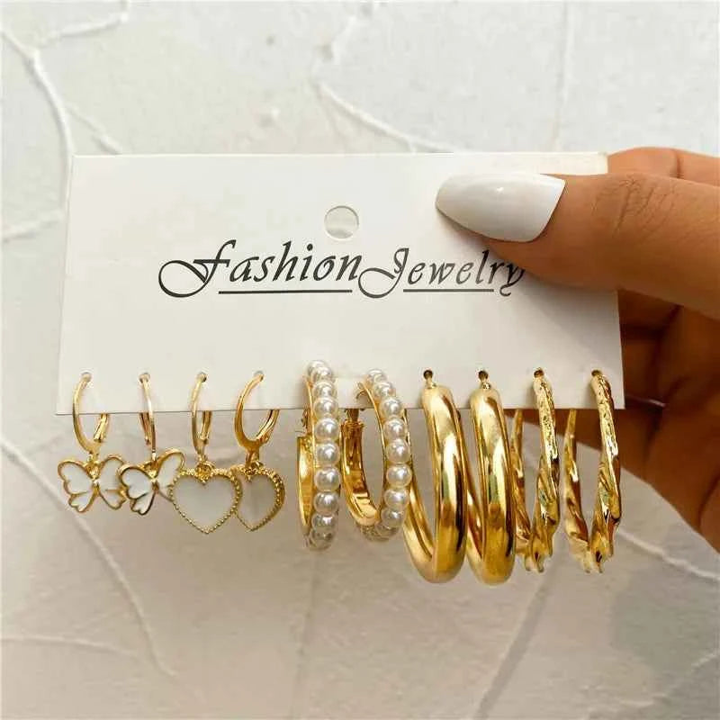 Silver Color Twist Hoop Earrings Set Brincos Heart Pearl Hoops Vintage Metal Geometric Earrings for Women 2023 Trendy Jewerly