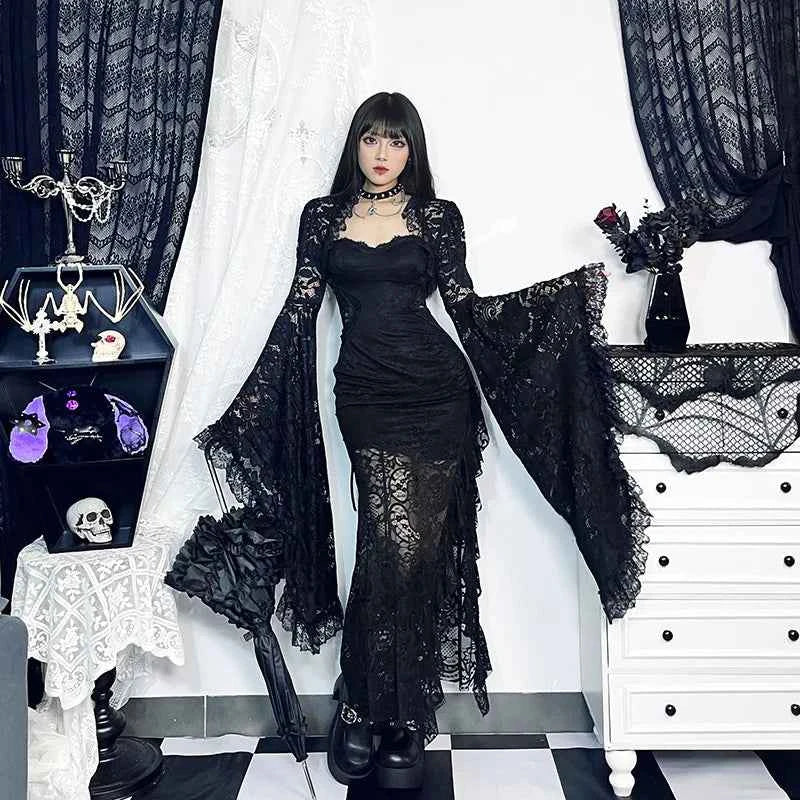 Gothic Classic Lace Cover Ups Women Mesh Crop Top See Through Sexy Flare Sleeve Blouse Y2k Black Rave Outfit Festival