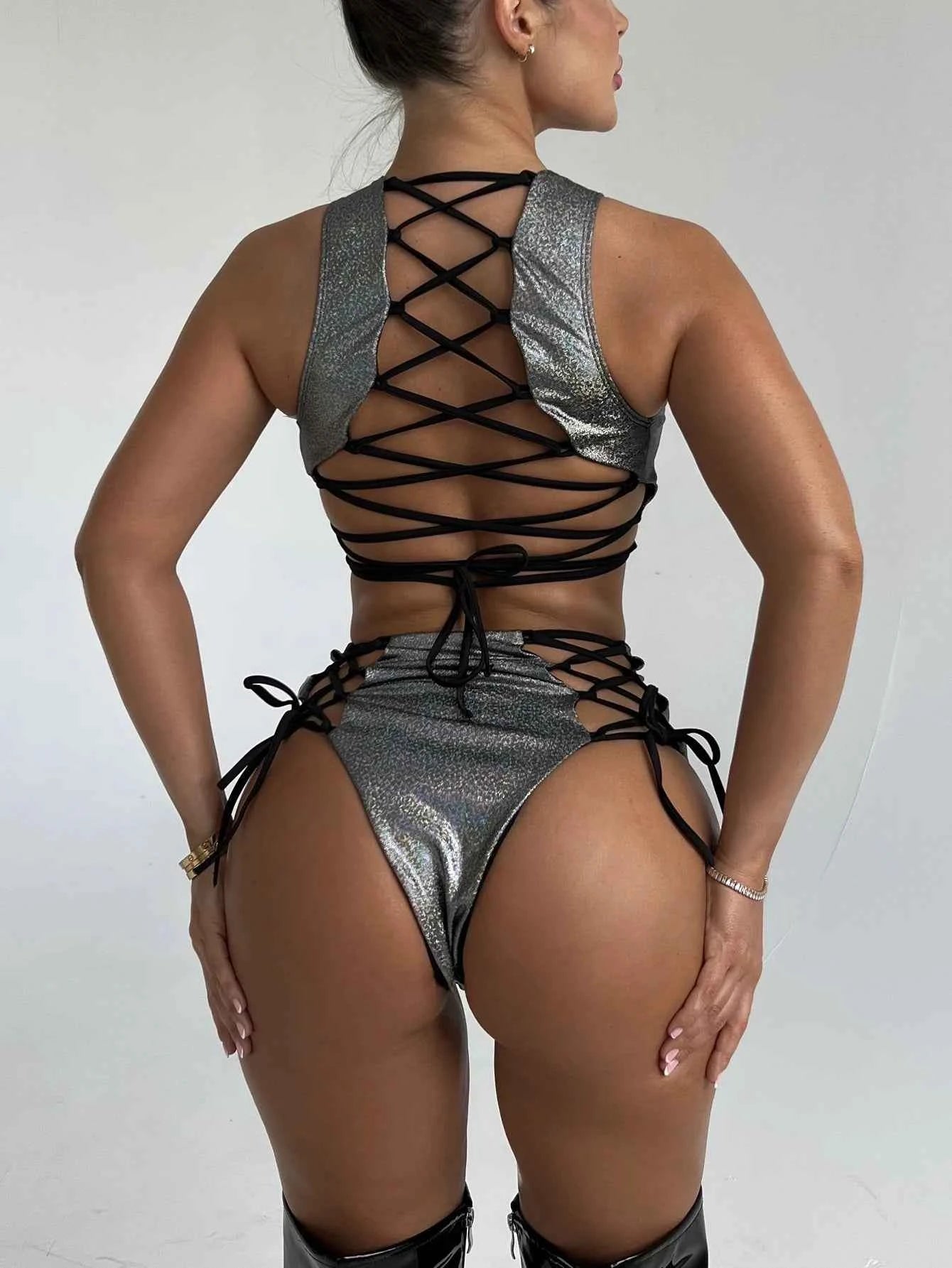 European and American swimsuit women's dark laser strap sexy bikini foreign trade points swimsuit