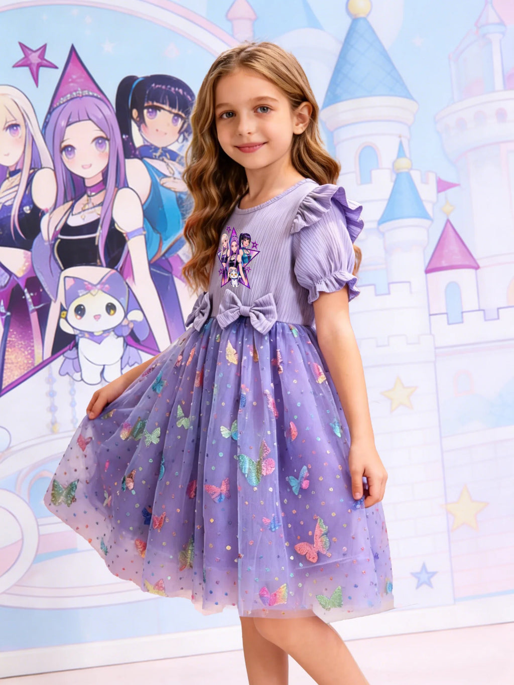 Dreamy Style Kids Princess Dress, Purple, K-POP Cartoon Print + Colorful Dot Butterfly Sequin Elements