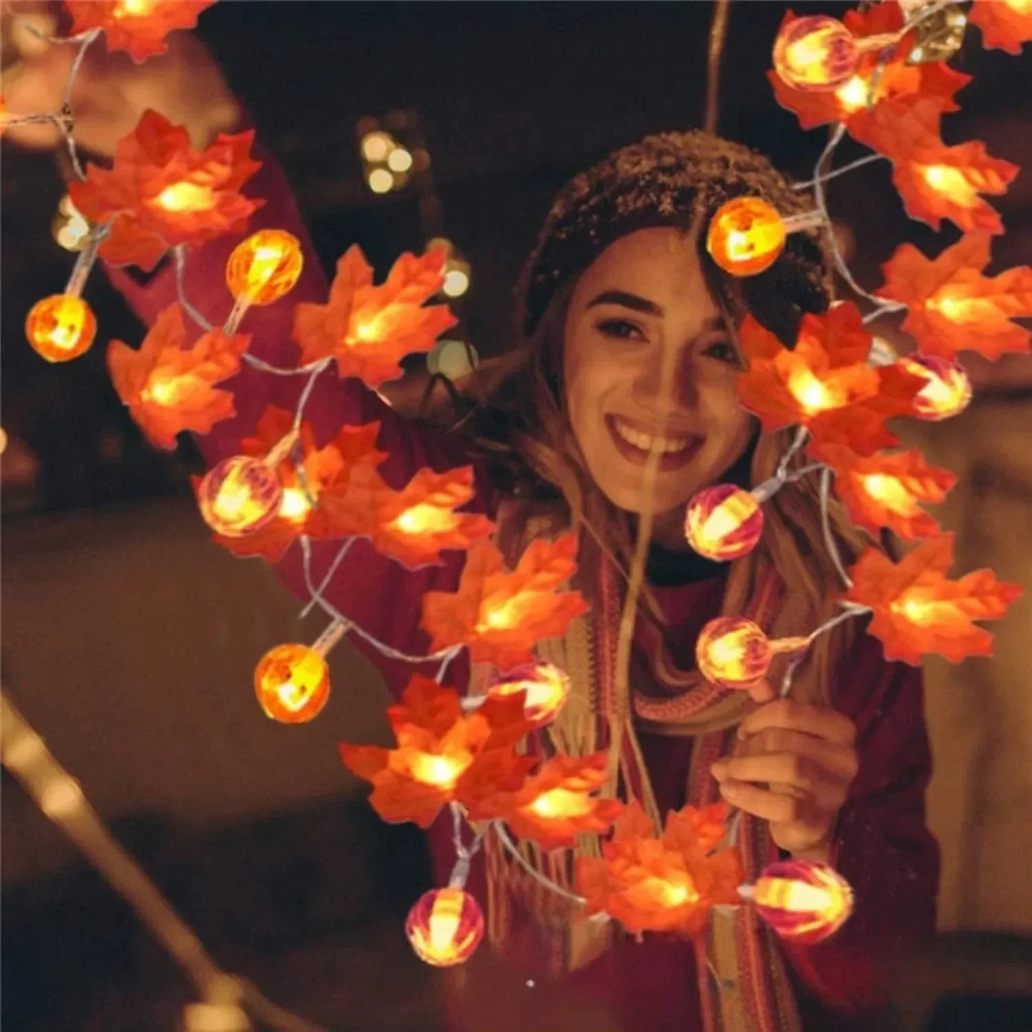 Indoor Home Autumn Harvest Festival Decor 1PC 3D Pumpkin & Maple Leaves String Lights Halloween Thanksgiving Decor Lamp