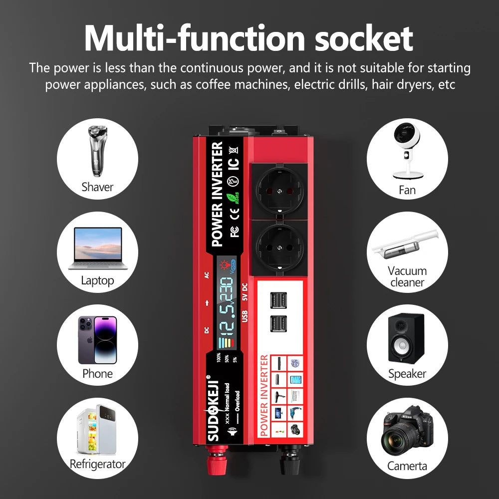 12V To 220V 4000W Peak Power Inverter 800W Continuous Power LCD Display EU Socket Solar Inverter Dual USB  for Phone Laptops Car