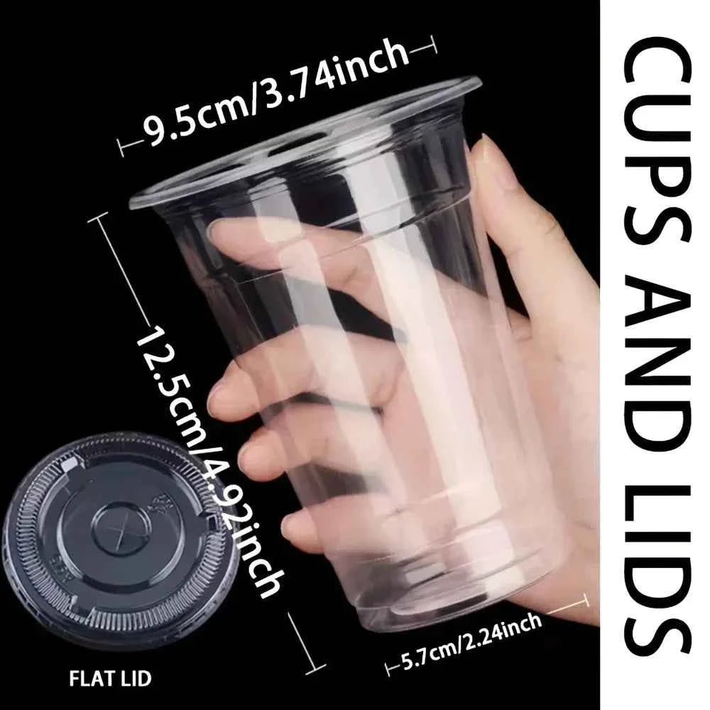 50pcs/Set 12/16OZ Plastic Cups With Lids Disposable Cups For Iced Coffee Smoothie Milkshake Cold Drinks Birthday Party Supplies