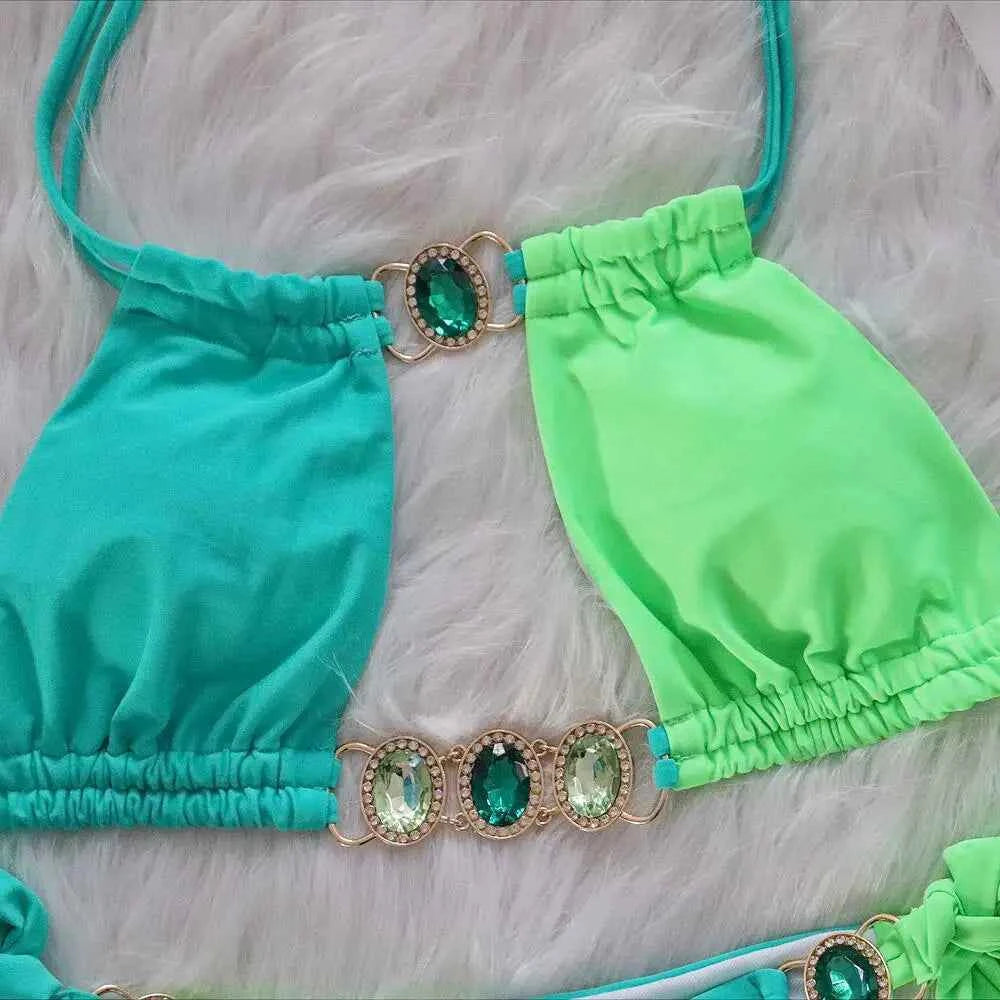 2026 Splicing Halter Diamond Bikini Women Swimsuit Female Swimwear Two Pieces Bikini Set Hollow Out Bathing Suit Swim Beach Wear